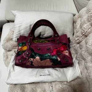 Balenciaga Magenta Chevre Leather/Floral Satin City Giant Hardware Bag